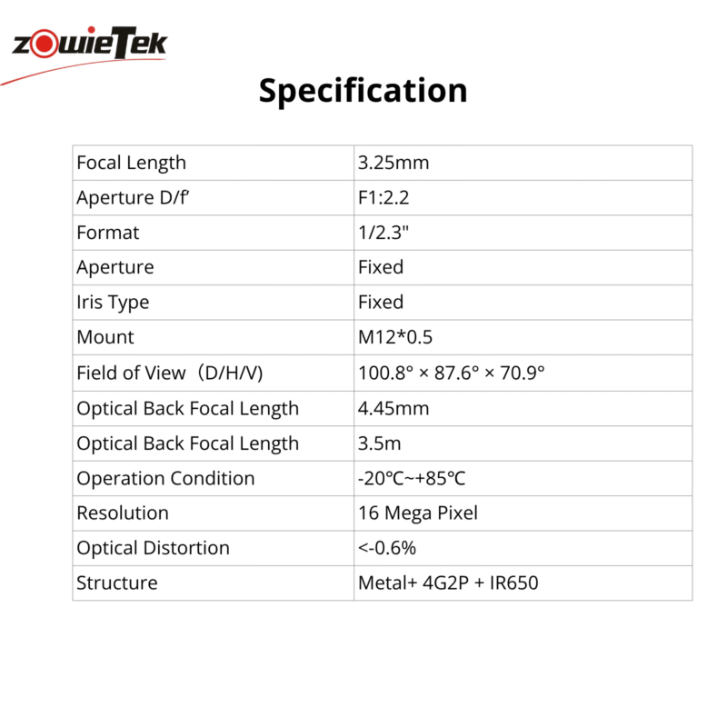 100.8° 16MP 3.25mm M12 Lens for POV Camera - Image 2