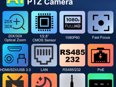Zowietek NDI PTZ camera with AI auto tracking, 20X zoom, NDI HX3, Full HD 1080p60 for live streaming and video production