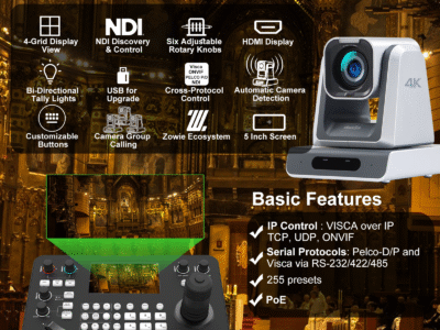 PTZ Camera Keyboard Feature Summary with Icon Grid and Basic Specifications