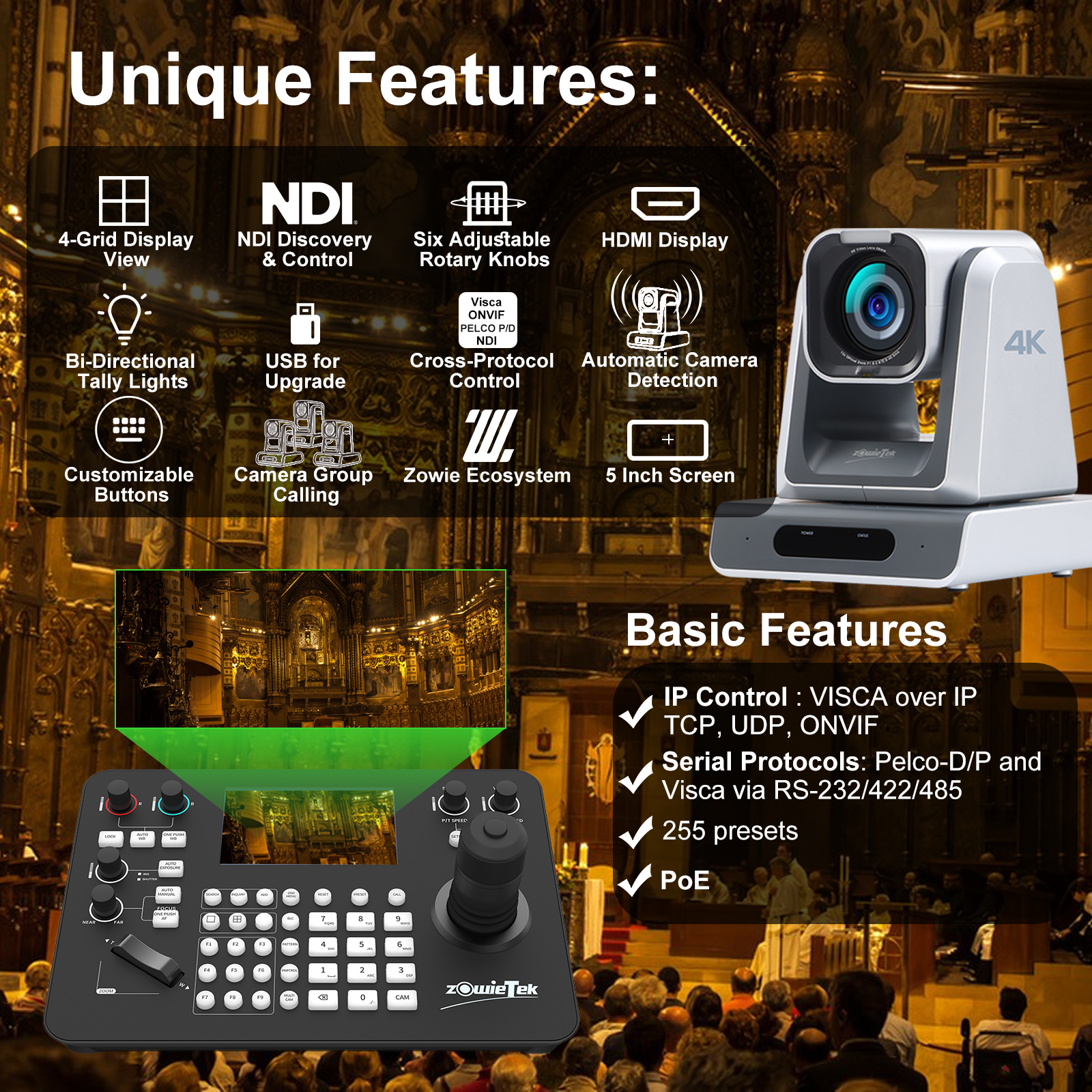 ZowieKBD, Zowietek PTZ Camera Controller with HDMI output, quad-view 5" LCD Screen, 7D joystick, NDI, PoE, Group Control