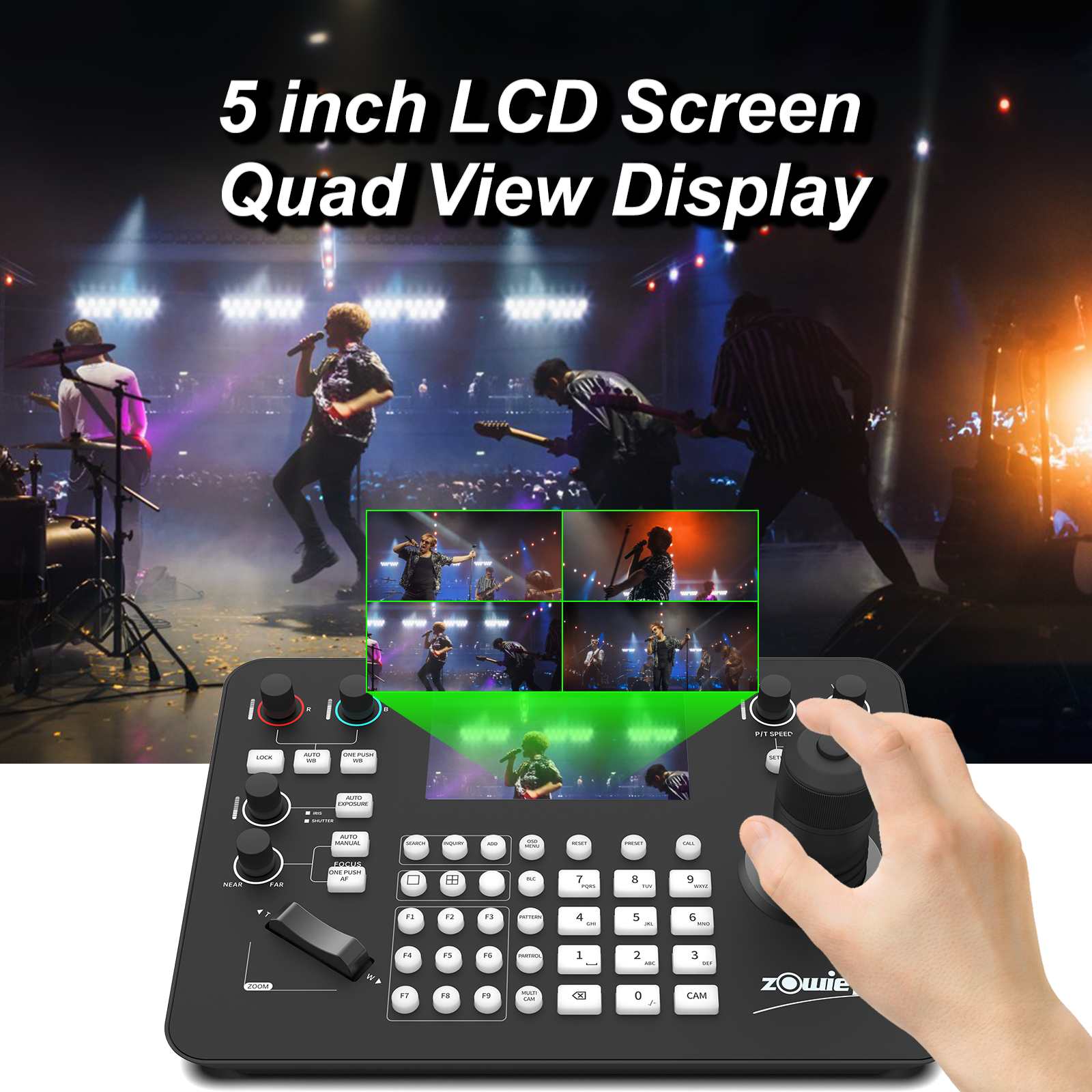 ZowieKBD, Zowietek PTZ Camera Controller with HDMI output, quad-view 5" LCD Screen, 7D joystick, NDI, PoE, Group Control