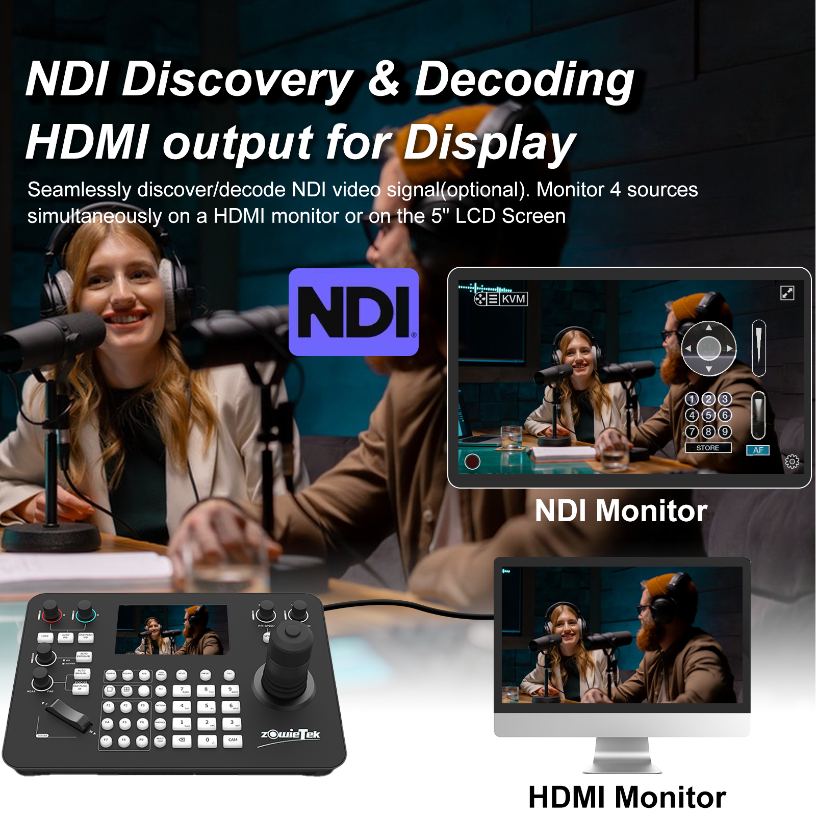ZowieKBD, Zowietek PTZ Camera Controller with HDMI output, quad-view 5" LCD Screen, 7D joystick, NDI, PoE, Group Control