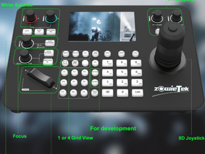 Front Panel of Zowie PTZ Keyboard Controller with All Functional Zones Labeled
