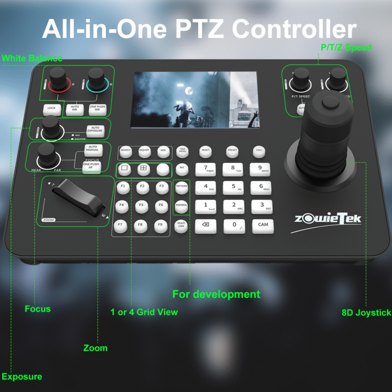 ZowieKBD, Zowietek PTZ Camera Controller with HDMI output, quad-view 5" LCD Screen, 7D joystick, NDI, PoE, Group Control