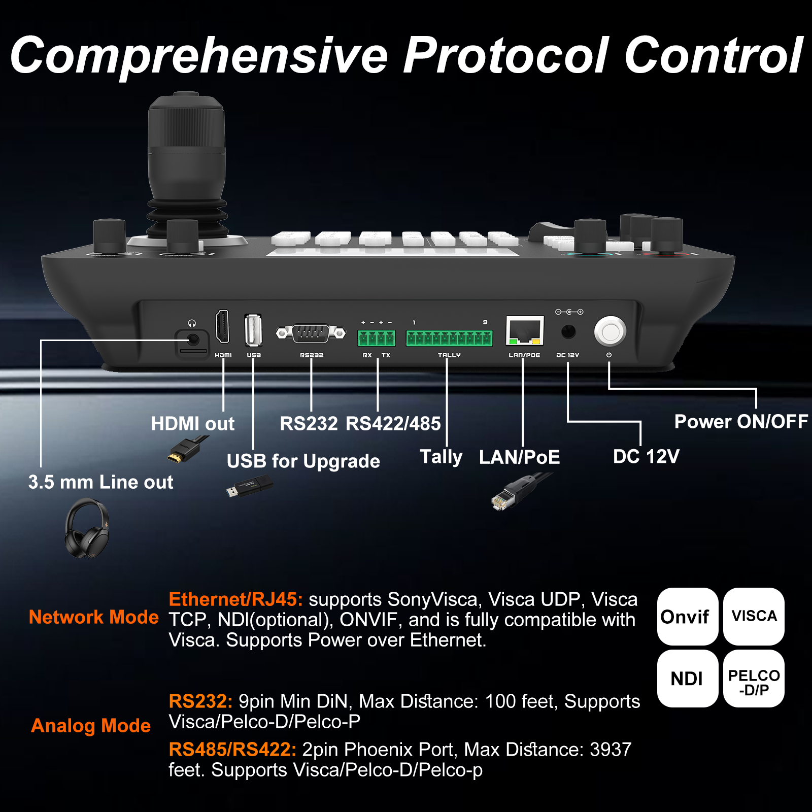 ZowieKBD, Zowietek PTZ Camera Controller with HDMI output, quad-view 5" LCD Screen, 7D joystick, NDI, PoE, Group Control