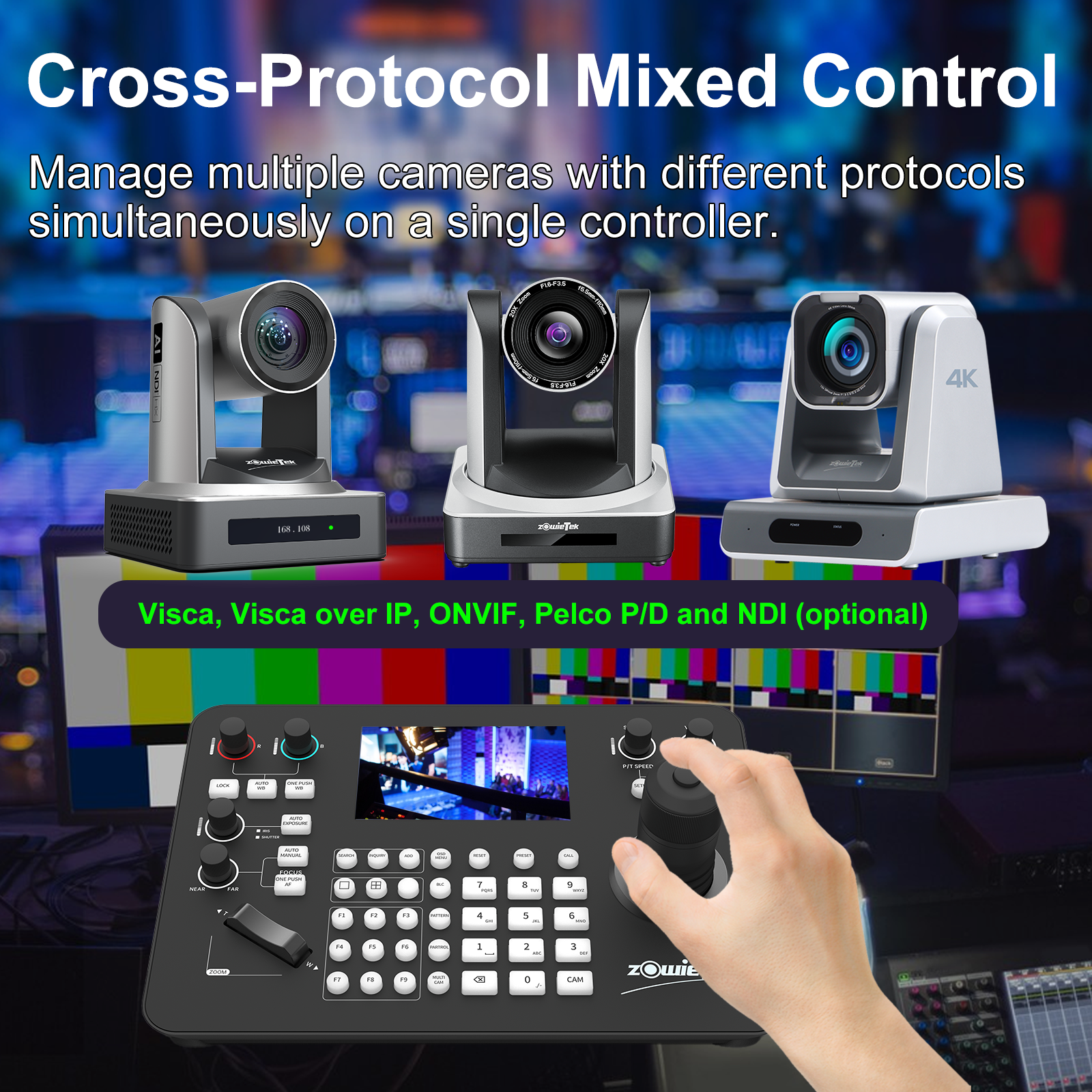 ZowieKBD, Zowietek PTZ Camera Controller with HDMI output, quad-view 5" LCD Screen, 7D joystick, NDI, PoE, Group Control