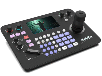 ZowieKBD, Zowietek PTZ Camera Controller with HDMI output, quad-view 5" LCD Screen, 7D joystick, NDI, PoE, Group Control