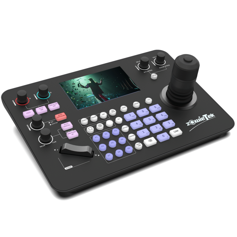 ZowieKBD, Zowietek PTZ Camera Controller with HDMI output, quad-view 5" LCD Screen, 7D joystick, NDI, PoE, Group Control