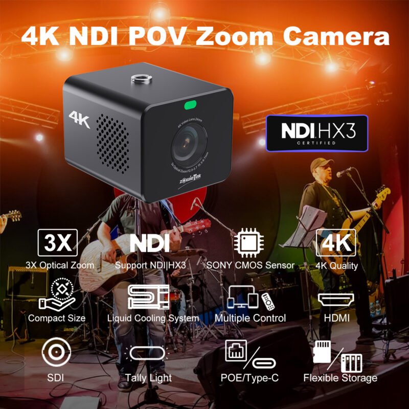 4K POV Camera NDI|HX3, ZowieCam, Auto Focus, HDMI & SDI Output, 3X Optical Zoom, Compact Size, Flexible Control, Tally Light, PoE/USB-C Power, TF/NAS Record, Professional Live Streaming POV Camera