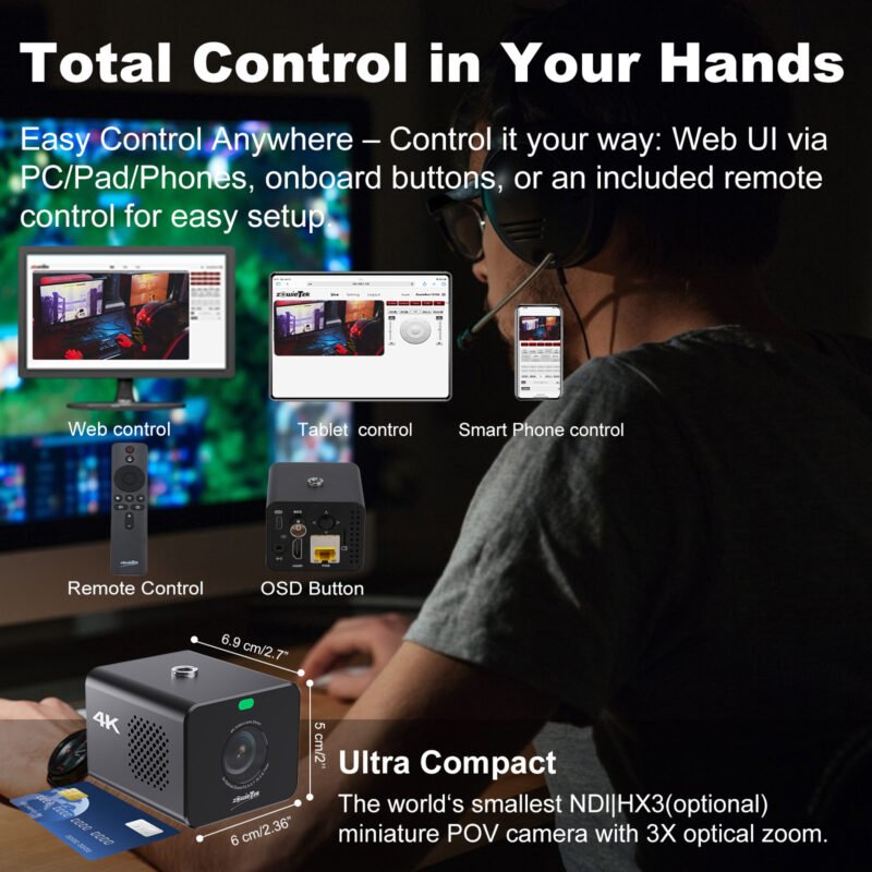 4K POV Camera NDI|HX3, ZowieCam, Auto Focus, HDMI & SDI Output, 3X Optical Zoom, Compact Size, Flexible Control, Tally Light, PoE/USB-C Power, TF/NAS Record, Professional Live Streaming POV Camera
