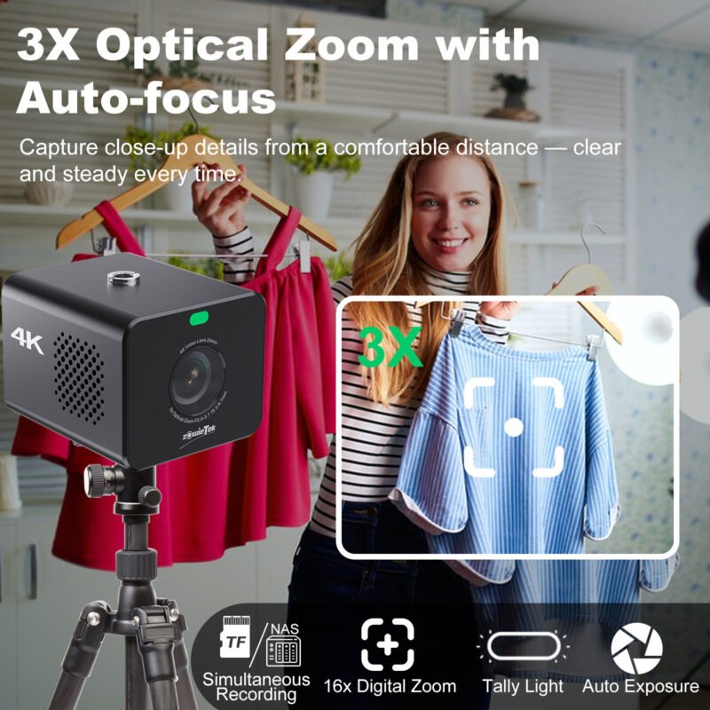 4K POV Camera NDI|HX3, ZowieCam, Auto Focus, HDMI & SDI Output, 3X Optical Zoom, Compact Size, Flexible Control, Tally Light, PoE/USB-C Power, TF/NAS Record, Professional Live Streaming POV Camera