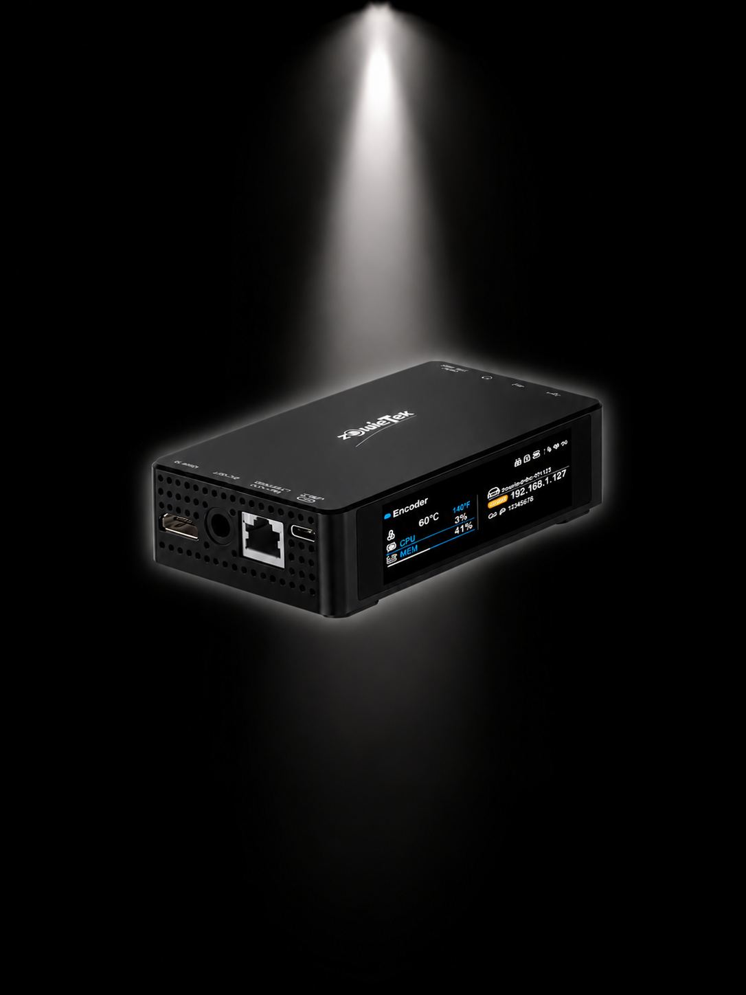 ZowieBox Pro 4K60 NDI HX3 video encoder and decoder showing its status screen, featuring Wi-Fi 6 and Al edge computing.